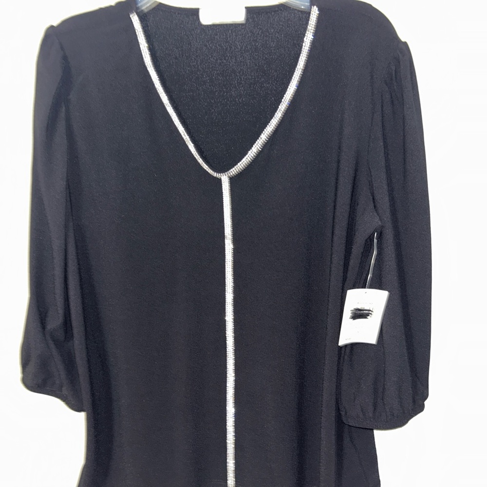 Black V-Neck Women's Top with Silver Trim